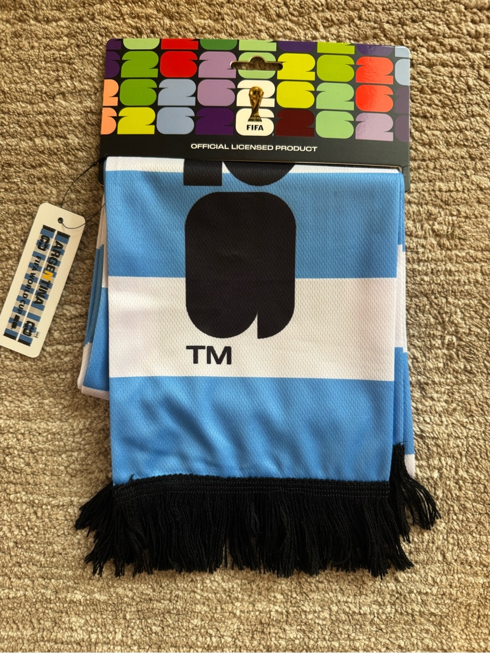 Argentina Fan Scarf in Blue & White with Black Fringe